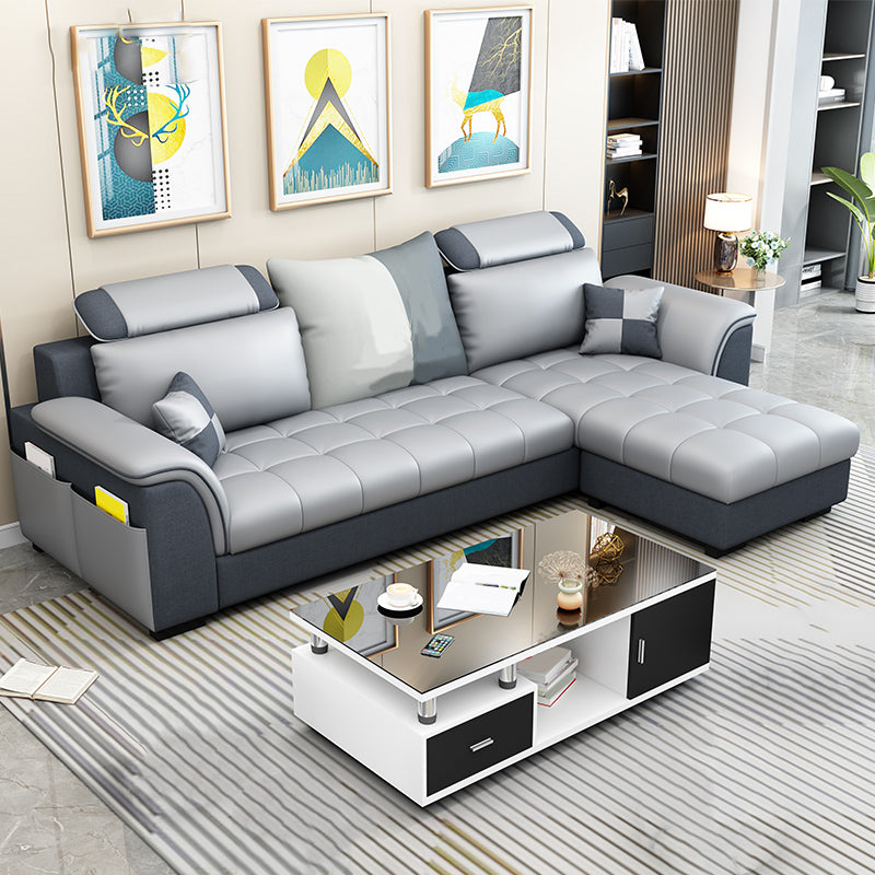 Modern Solid Wood Frame Sectional Linen/Faux Leather Sofa with Ottoman Inlcuded