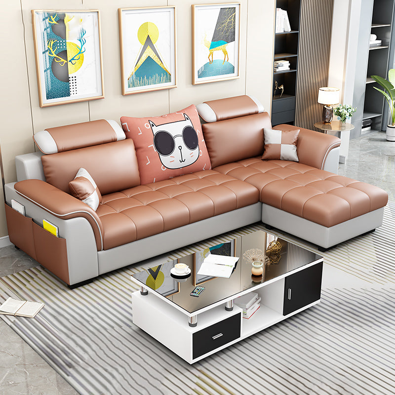 Modern Solid Wood Frame Sectional Linen/Faux Leather Sofa with Ottoman Inlcuded