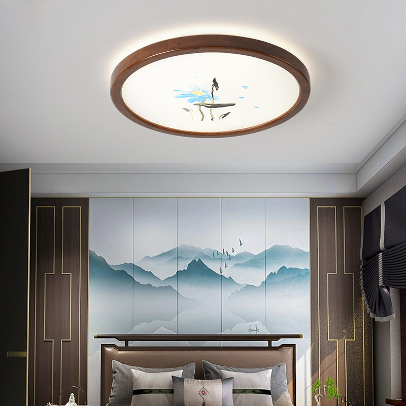 Round Shape LED Ceiling Lamp Modern Wood 1 Light Flush Mount for Study