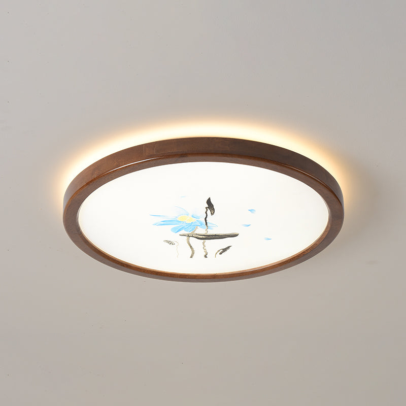 Round Shape LED Ceiling Lamp Modern Wood 1 Light Flush Mount for Study