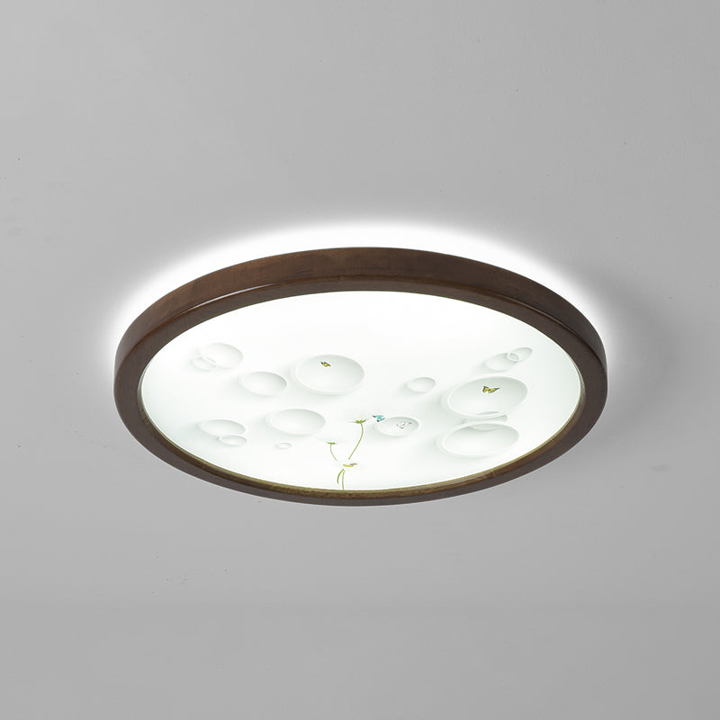 Round Shape LED Ceiling Lamp Modern Wood 1 Light Flush Mount for Study