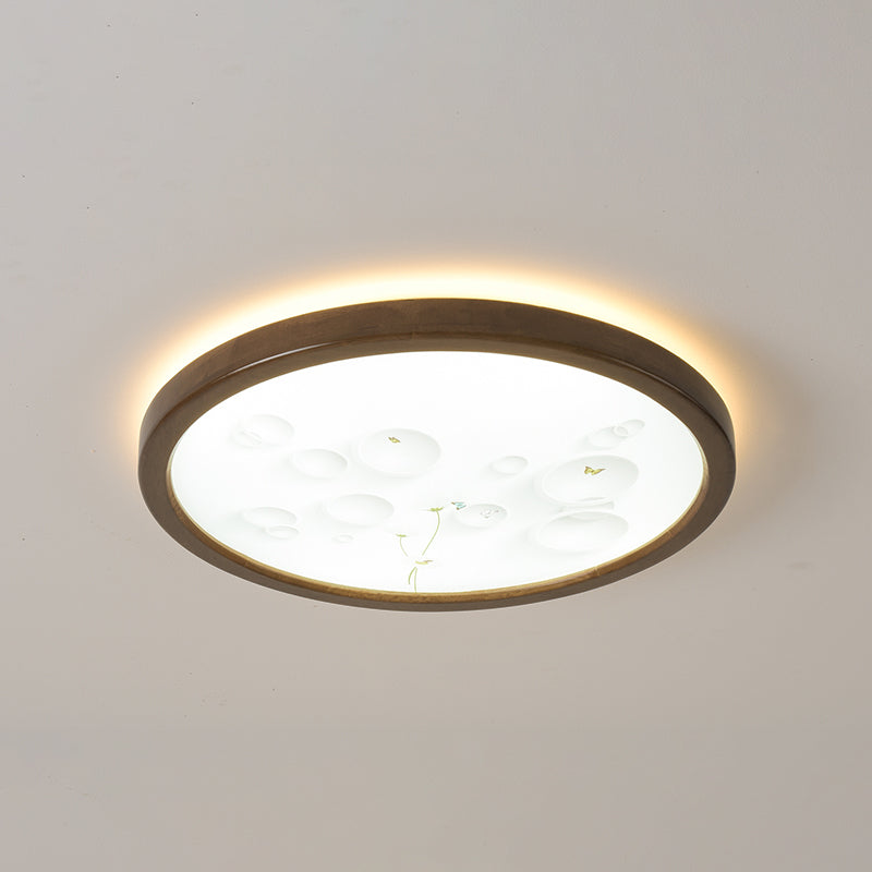 Round Shape LED Ceiling Lamp Modern Wood 1 Light Flush Mount for Study