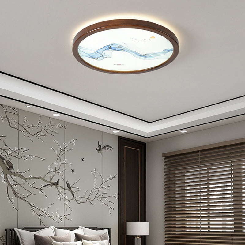 Round Shape LED Ceiling Lamp Modern Wood 1 Light Flush Mount for Study