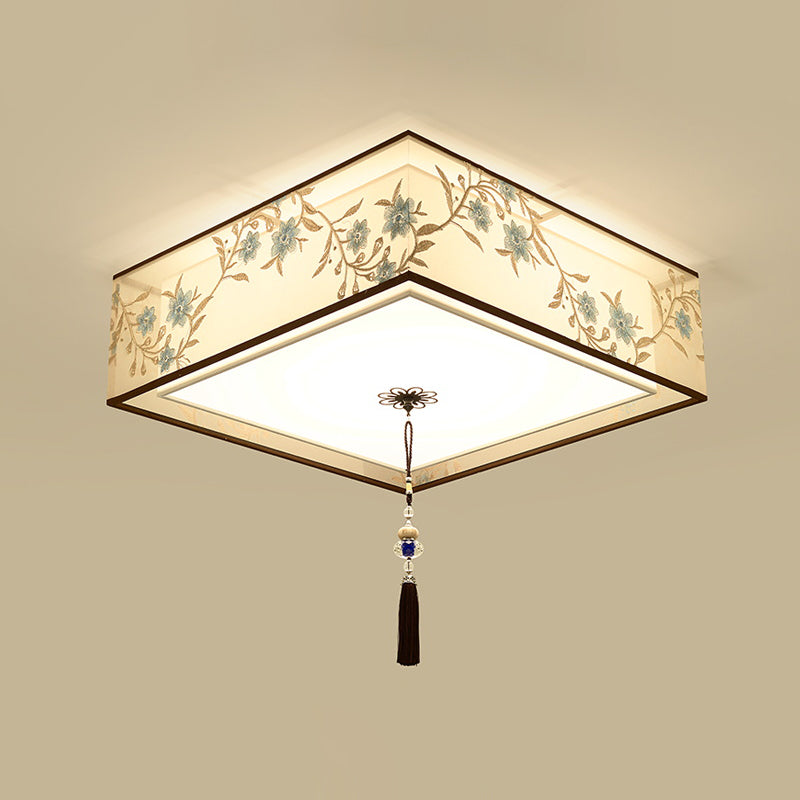 Geometry Shape Ceiling Lamp Tradition Iron Flush Mount with Fabric Lampshade for Hall