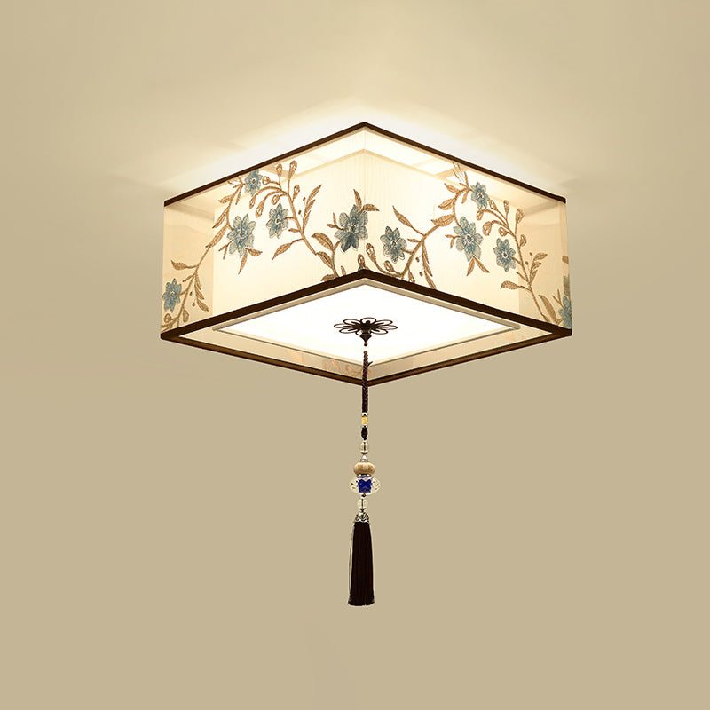 Geometry Shape Ceiling Lamp Tradition Iron Flush Mount with Fabric Lampshade for Hall