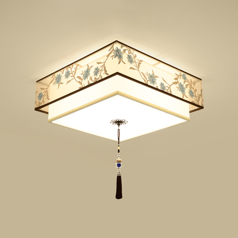 Geometry Shape Ceiling Lamp Tradition Iron Flush Mount with Fabric Lampshade for Hall