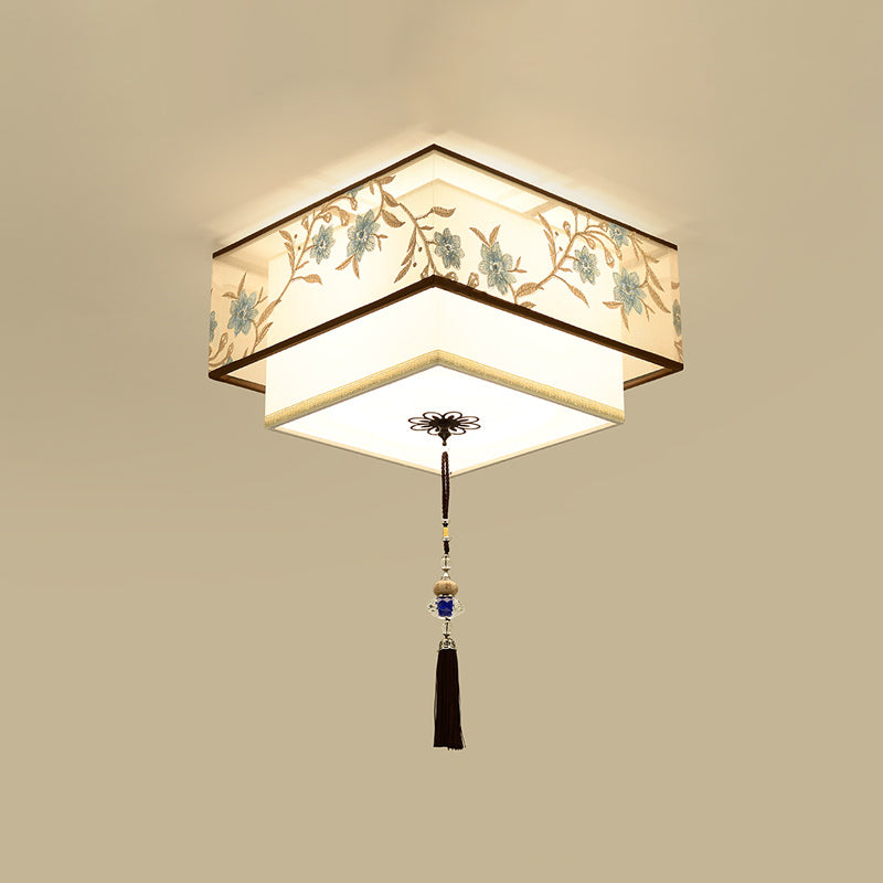 Geometry Shape Ceiling Lamp Tradition Iron Flush Mount with Fabric Lampshade for Hall