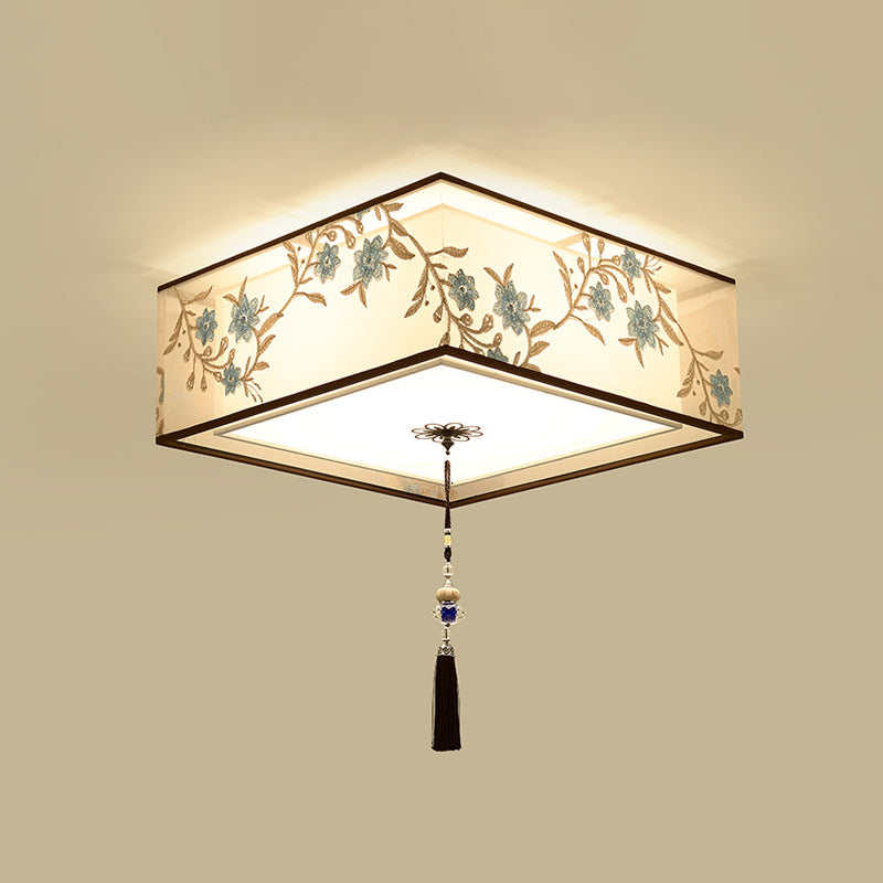 Geometry Shape Ceiling Lamp Tradition Iron Flush Mount with Fabric Lampshade for Hall