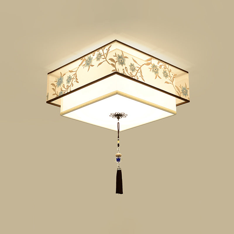 Geometry Shape Ceiling Lamp Tradition Iron Flush Mount with Fabric Lampshade for Hall