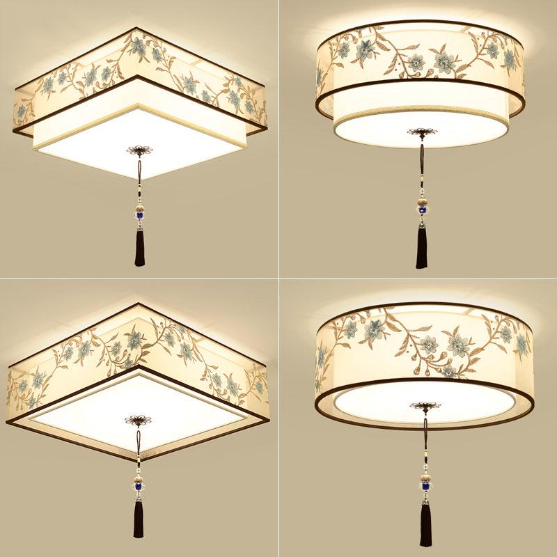 Geometry Shape Ceiling Lamp Tradition Iron Flush Mount with Fabric Lampshade for Hall