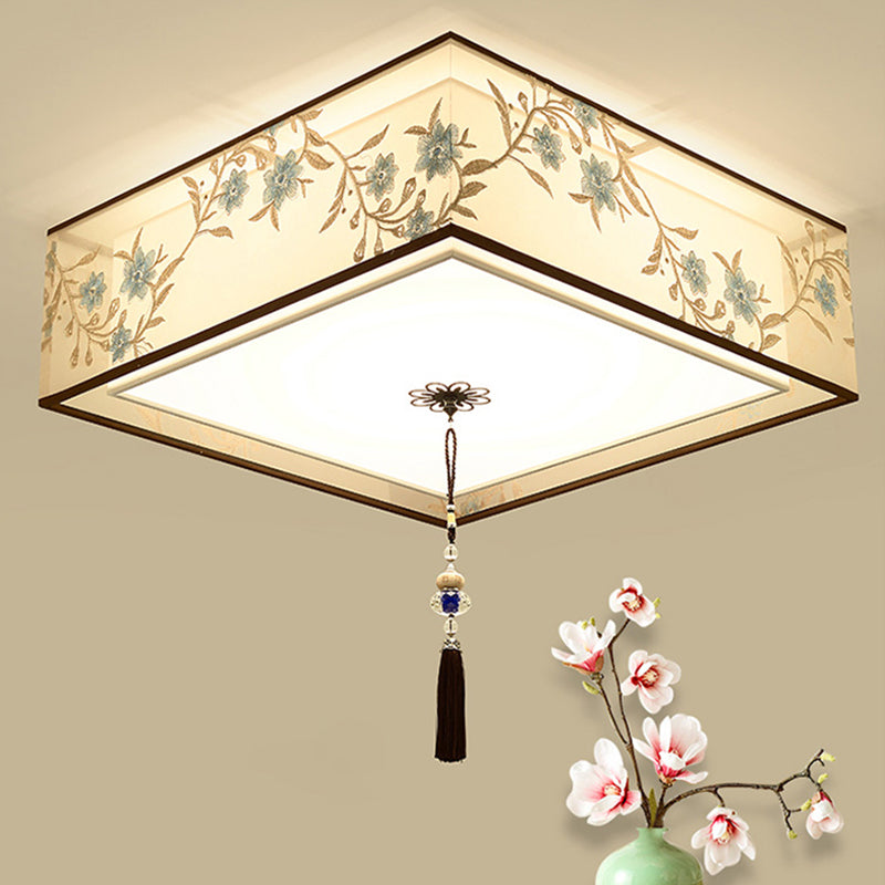 Geometry Shape Ceiling Lamp Tradition Iron Flush Mount with Fabric Lampshade for Hall