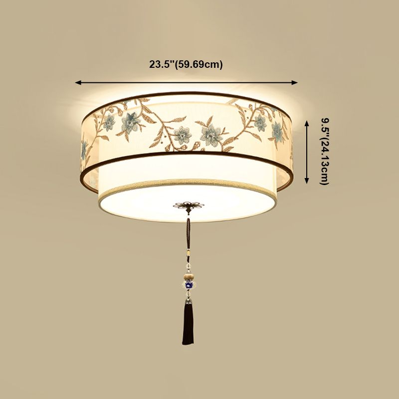 Geometry Shape Ceiling Lamp Tradition Iron Flush Mount with Fabric Lampshade for Hall