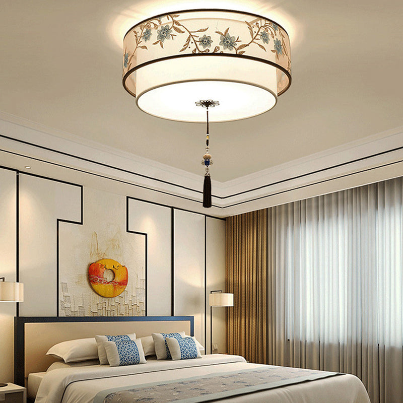 Geometry Shape Ceiling Lamp Tradition Iron Flush Mount with Fabric Lampshade for Hotel