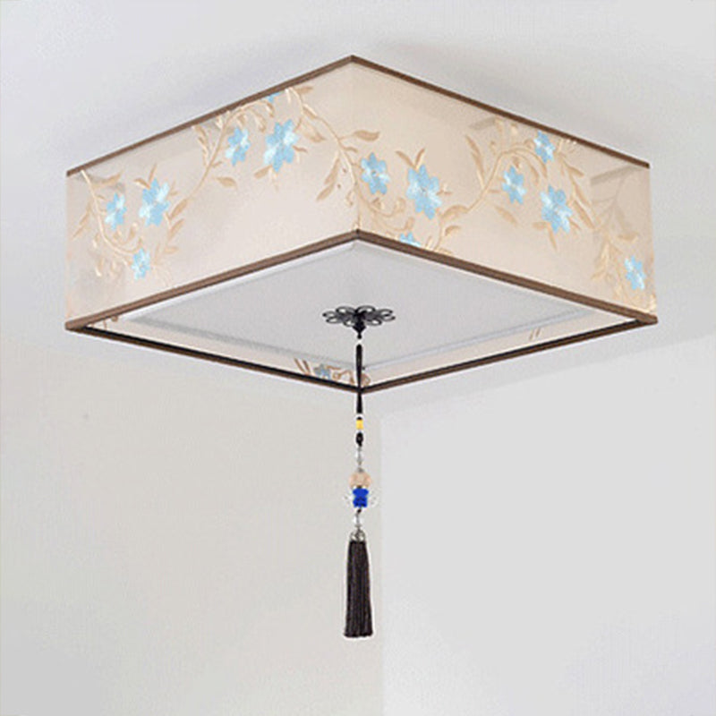 Geometry Shape Ceiling Lamp Tradition Iron Flush Mount with Fabric Lampshade for Hotel