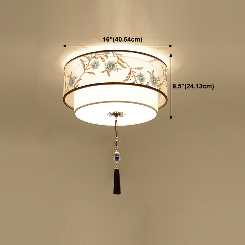 Geometry Shape Ceiling Lamp Tradition Iron Flush Mount with Fabric Lampshade for Hotel