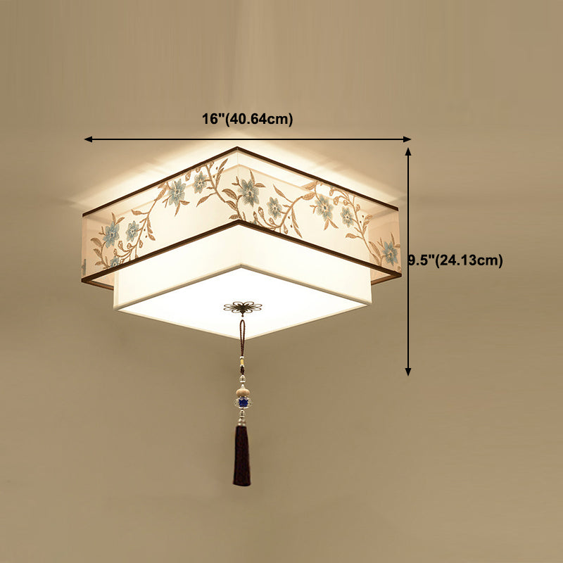 Geometry Shape Ceiling Lamp Tradition Iron Flush Mount with Fabric Lampshade for Hotel