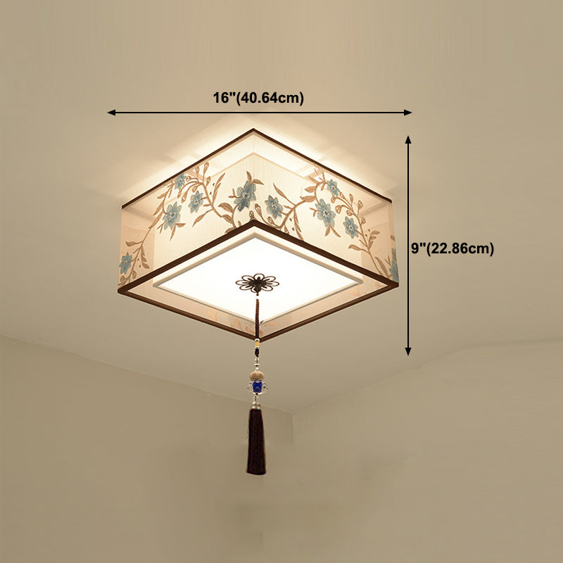 Geometry Shape Ceiling Lamp Tradition Iron Flush Mount with Fabric Lampshade for Hotel