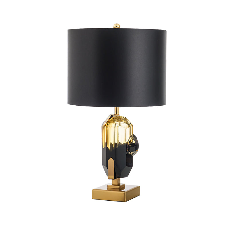 Straight Sided Shade Desk Light Modern Fabric 1 Bulb Night Table Lamp in Black with Oblong Amber Glazed Crystal Base