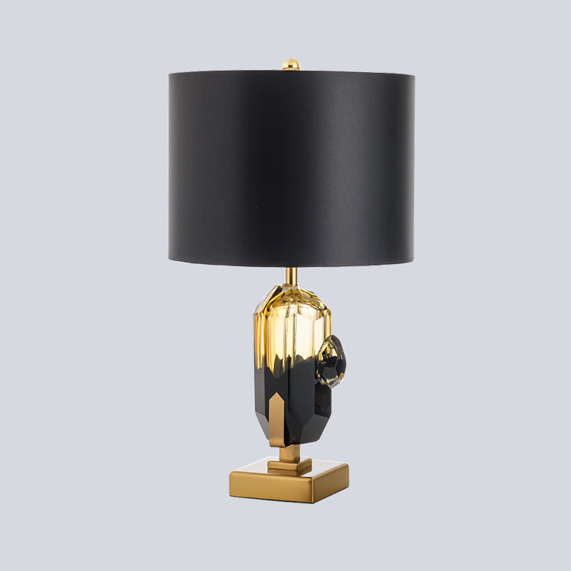 Straight Sided Shade Desk Light Modern Fabric 1 Bulb Night Table Lamp in Black with Oblong Amber Glazed Crystal Base