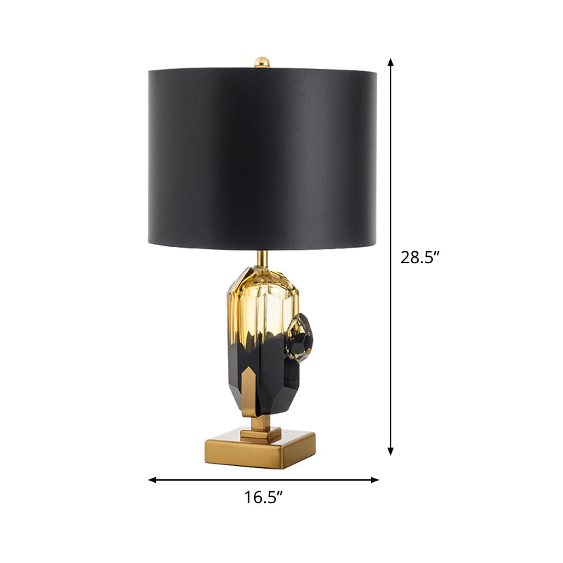 Straight Sided Shade Desk Light Modern Fabric 1 Bulb Night Table Lamp in Black with Oblong Amber Glazed Crystal Base