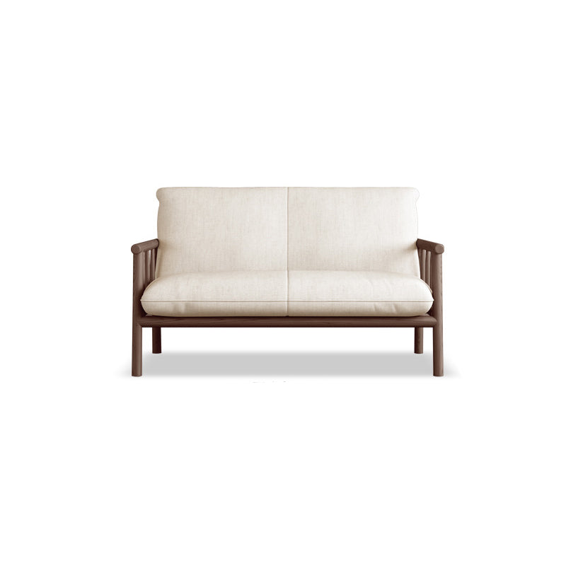 Linen Beige Upholstered Sofa Square Arm Settee with Wooden Legs for Apartment