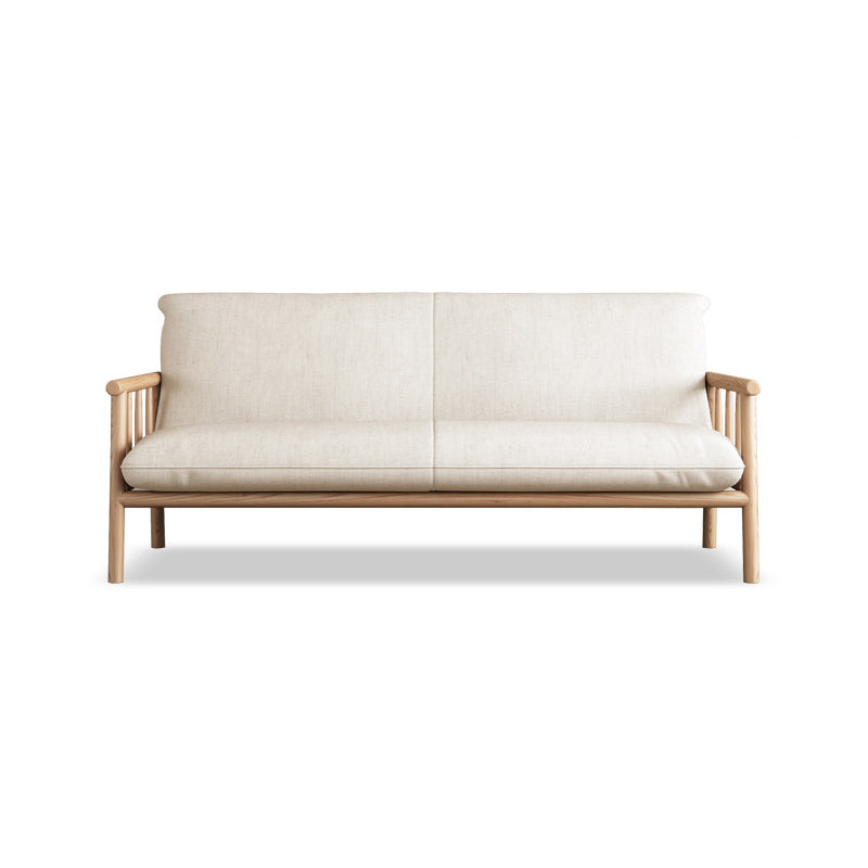 Linen Beige Upholstered Sofa Square Arm Settee with Wooden Legs for Apartment