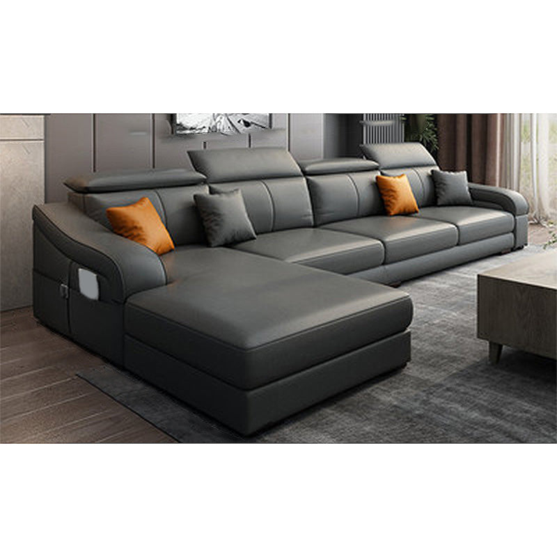 Dark Gray Faux Leather Sloped Arm Sofa Slipcovered Sectional with Pocket Storage