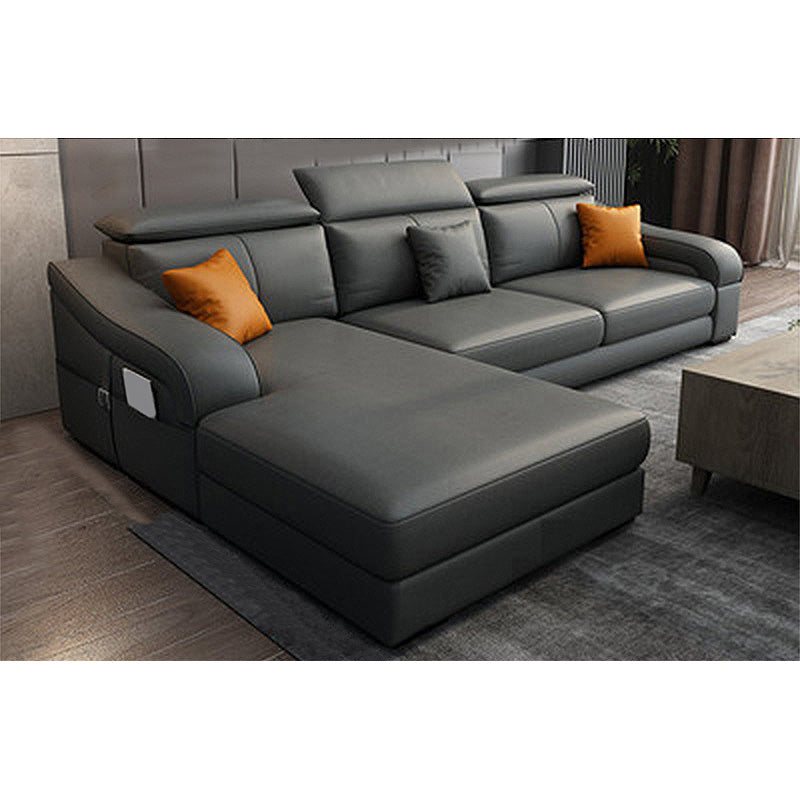 Dark Gray Faux Leather Sloped Arm Sofa Slipcovered Sectional with Pocket Storage