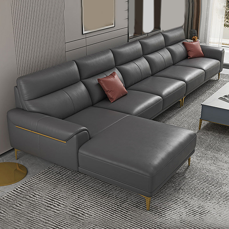 Dark Gray Genuine Leather Sofa and Chaise Pillow Top Arm Sectional for Living Room