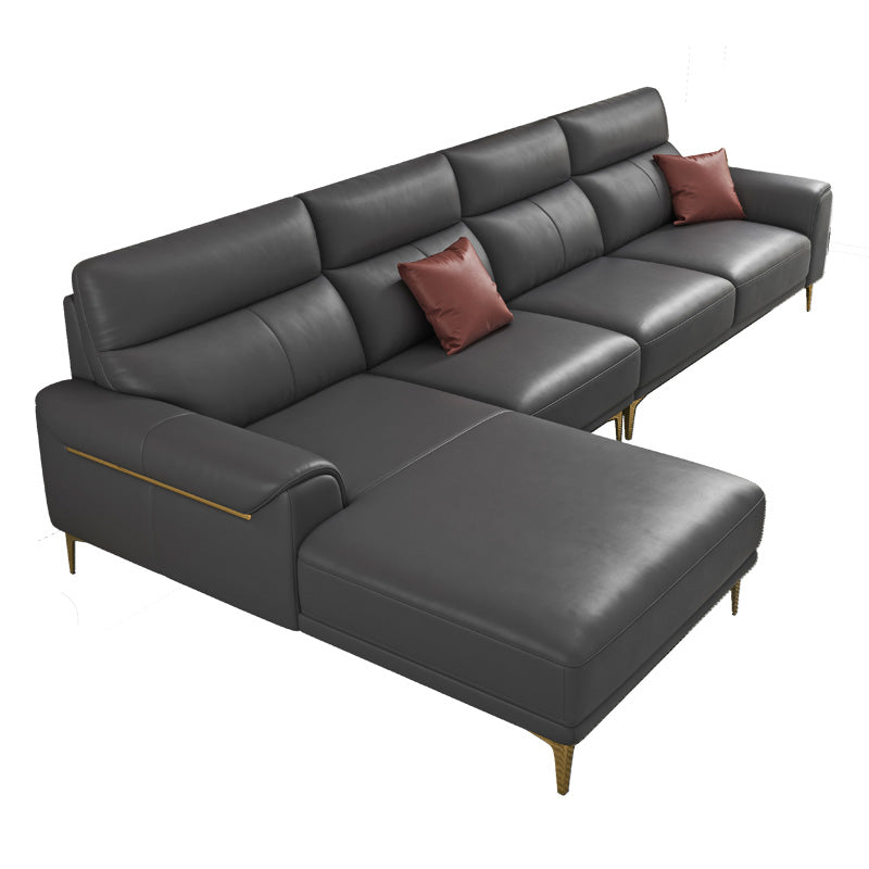 Dark Gray Genuine Leather Sofa and Chaise Pillow Top Arm Sectional for Living Room