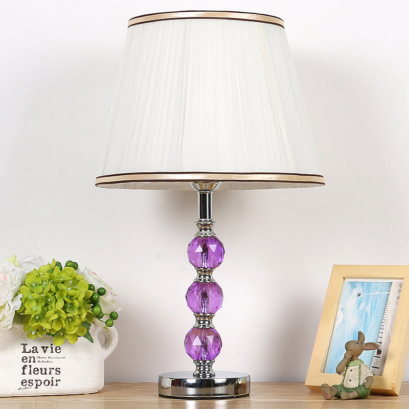 1 Head Flare Table Lamp Contemporary Fabric Desk Light in White with Purple Crystal Ball