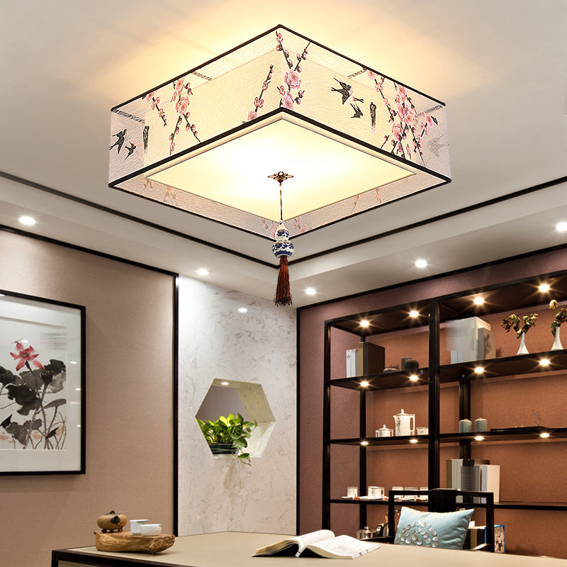 Geometry Shape Ceiling Lamp Tradition Iron Flush Mount with Cloth Lampshade for Bedroom