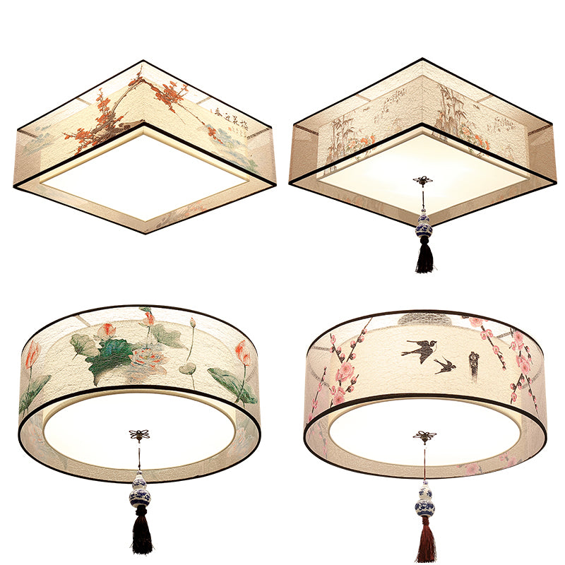 Geometry Shape Ceiling Lamp Tradition Iron Flush Mount with Cloth Lampshade for Bedroom