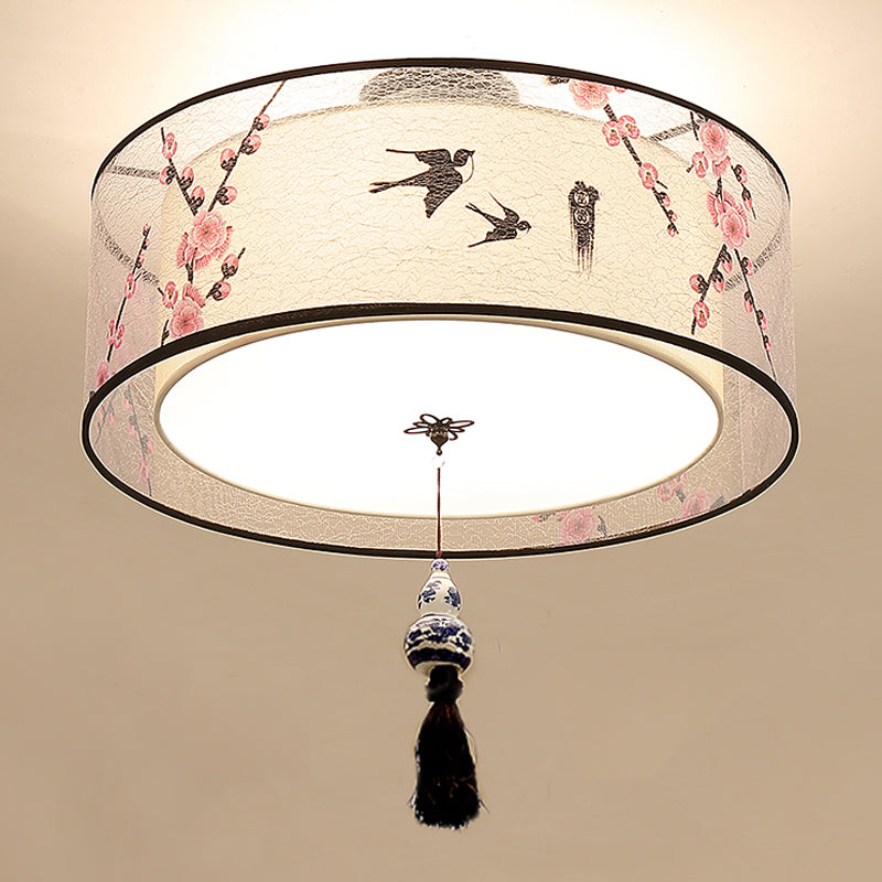 Geometry Shape Ceiling Lamp Tradition Iron Flush Mount with Cloth Lampshade for Bedroom