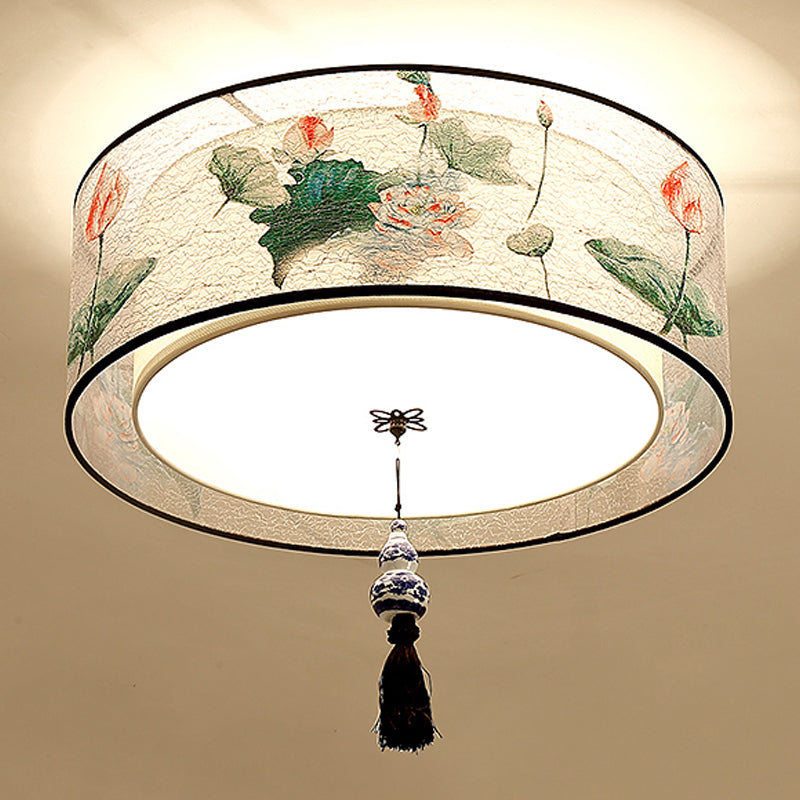 Geometry Shape Ceiling Lamp Tradition Iron Flush Mount with Cloth Lampshade for Bedroom