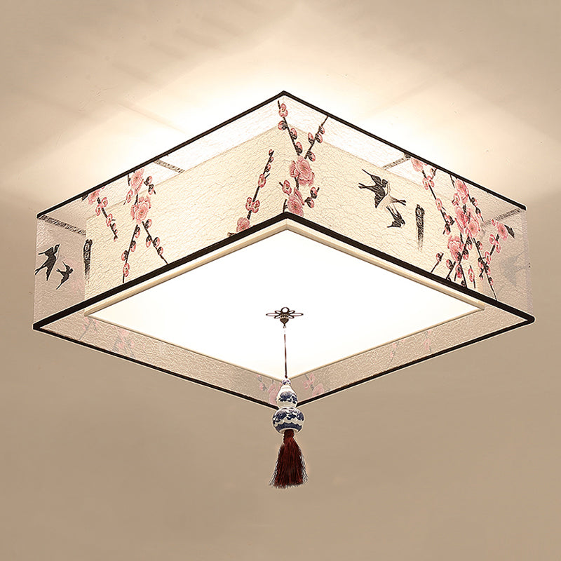 Geometry Shape Ceiling Lamp Tradition Iron Flush Mount with Cloth Lampshade for Bedroom