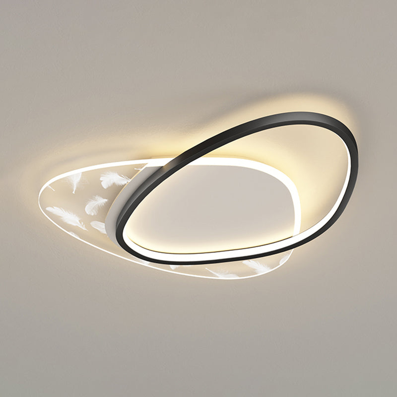 Oval Shape LED Feather Ceiling Lamp Modern Aluminium 2 Lights Flush Mount for Bedroom