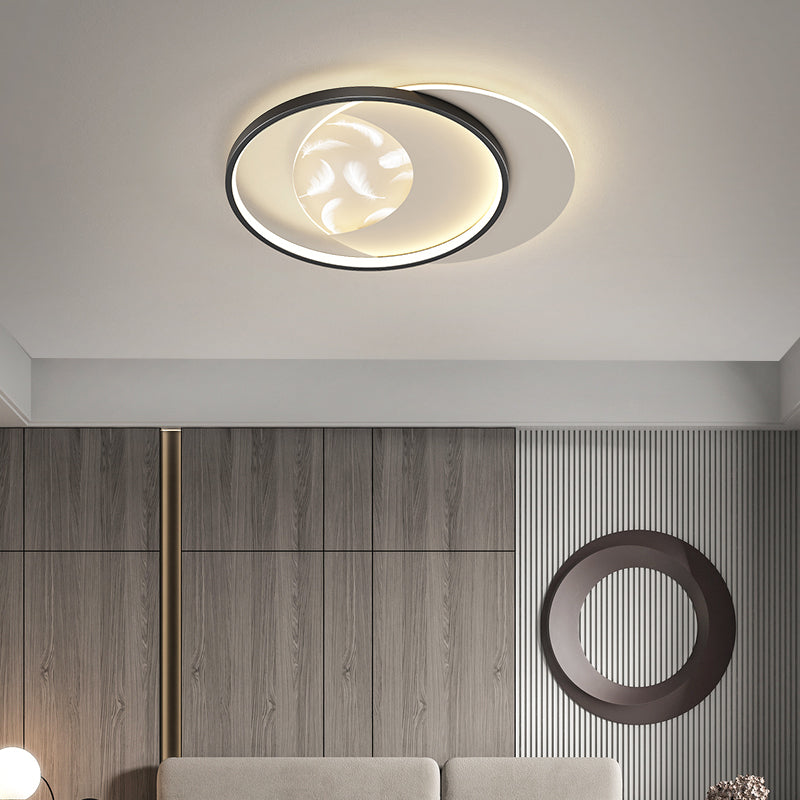 Round Shape LED Feather Ceiling Lamp Modern Iron 2 Lights Flush Mount for Bedroom