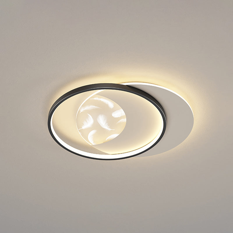 Round Shape LED Feather Ceiling Lamp Modern Iron 2 Lights Flush Mount for Bedroom