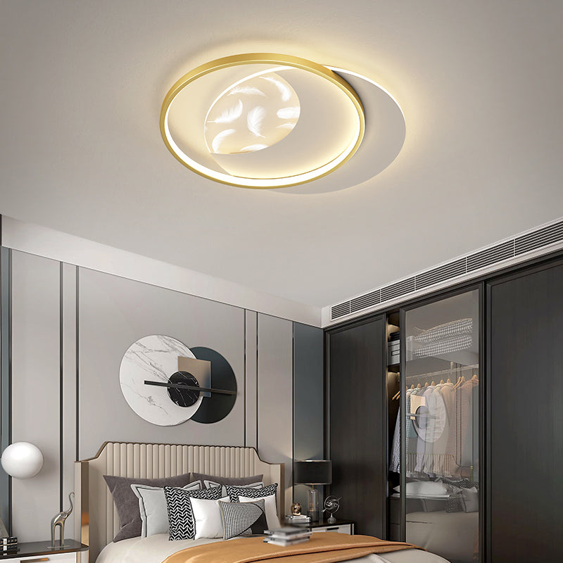 Round Shape LED Feather Ceiling Lamp Modern Iron 2 Lights Flush Mount for Bedroom