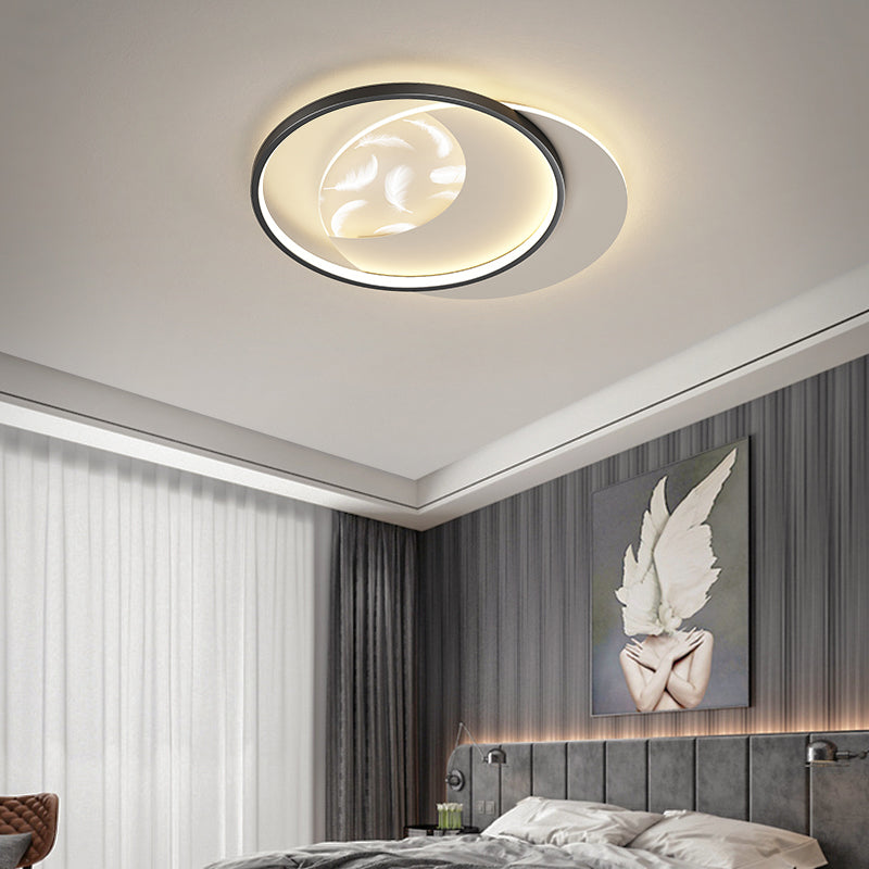 Round Shape LED Feather Ceiling Lamp Modern Iron 2 Lights Flush Mount for Bedroom