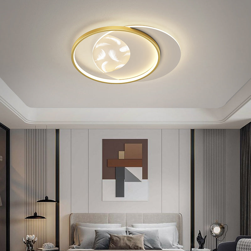 Round Shape LED Feather Ceiling Lamp Modern Iron 2 Lights Flush Mount for Bedroom