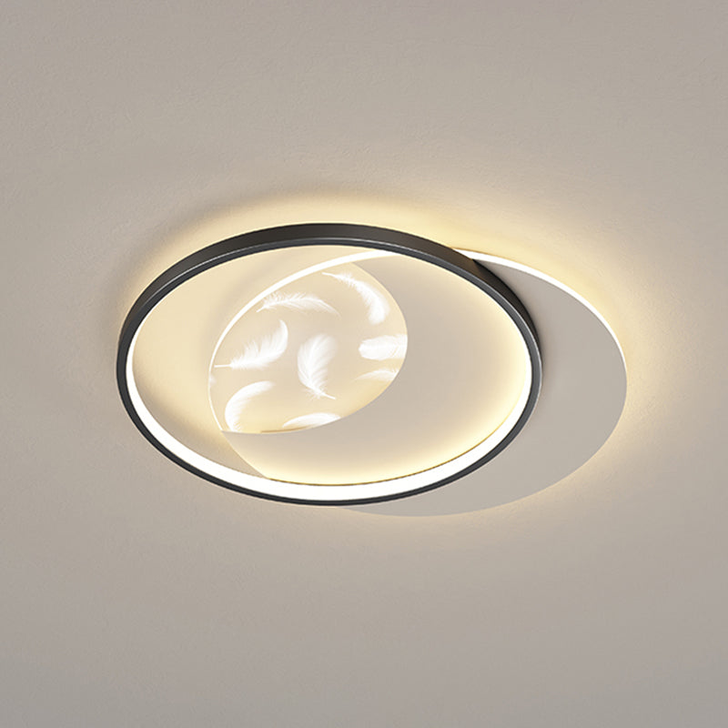 Round Shape LED Feather Ceiling Lamp Modern Iron 2 Lights Flush Mount for Bedroom