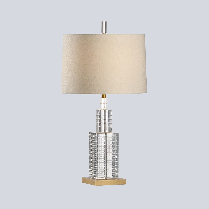 Drum Shade Crystal Desk Lamp Modern Fabric 1 Bulb Beige Table Light for Dining Room