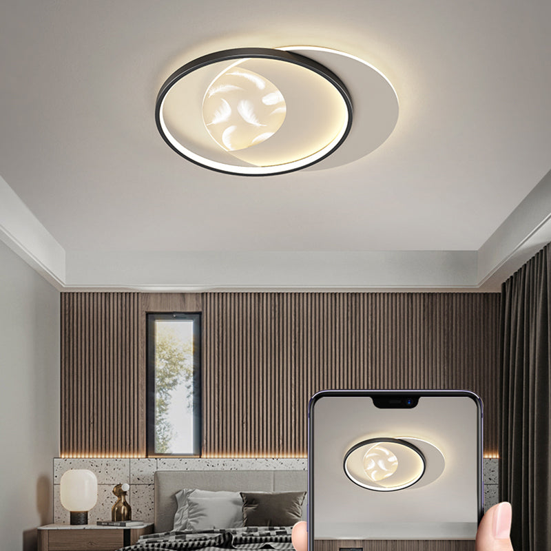 Round Shape LED Feather Ceiling Lamp Modern Iron 2 Lights Flush Mount for Bedroom