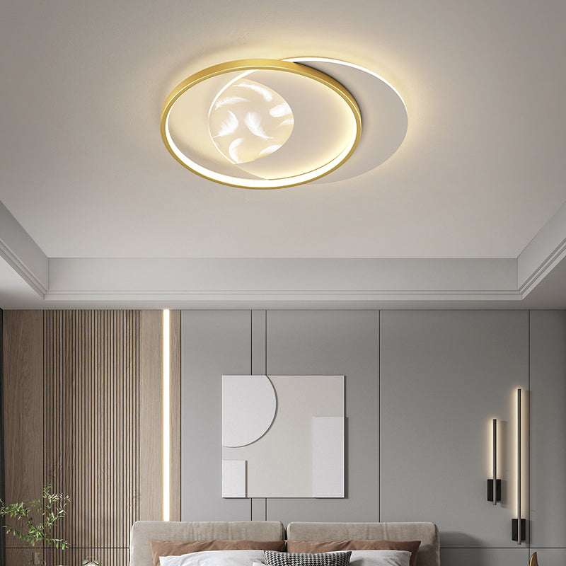 Round Shape LED Feather Ceiling Lamp Modern Iron 2 Lights Flush Mount for Bedroom