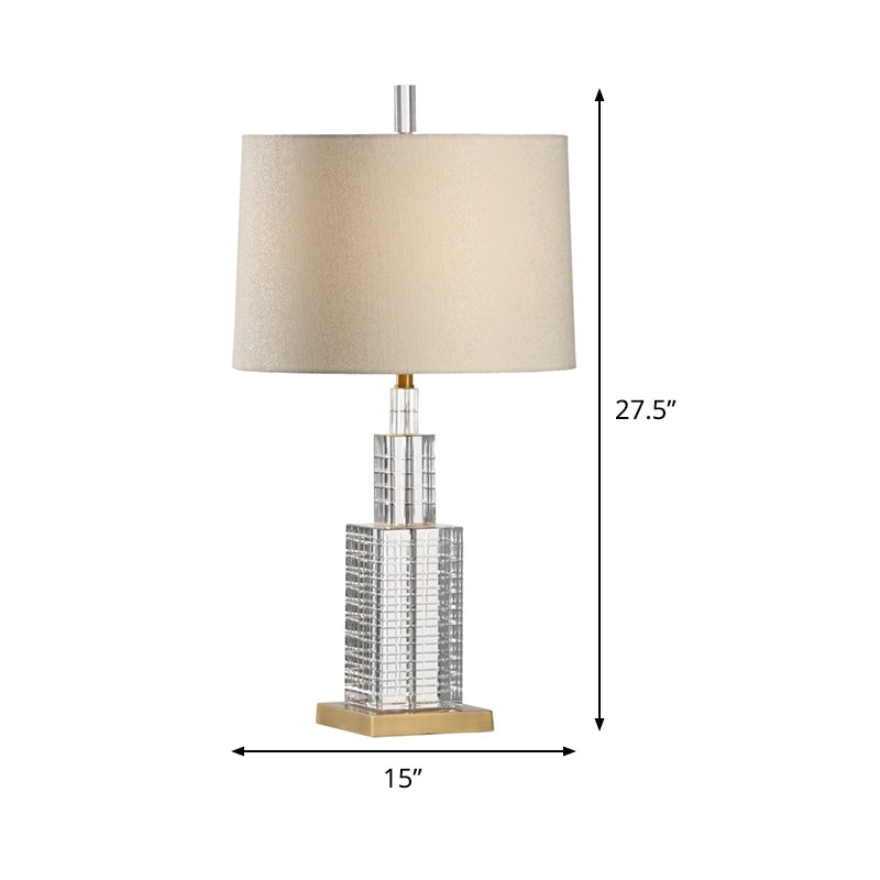 Drum Shade Crystal Desk Lamp Modern Fabric 1 Bulb Beige Table Light for Dining Room