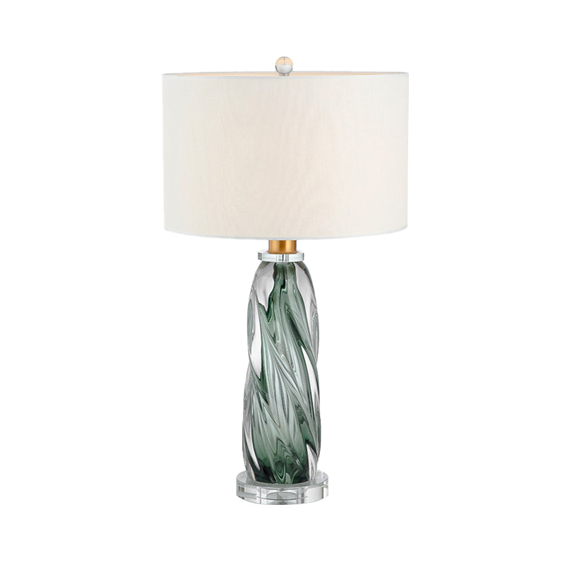 Fabric Cylindrical Task Light Contemporary 1 Head  White Nightstand Lamp with Twist Pewter Glazed Crystal Base