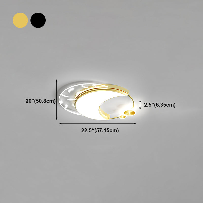 Moon Shape Feather LED Ceiling Lamp Modern Iron 3 Lights Flush Mount for Study Bedroom