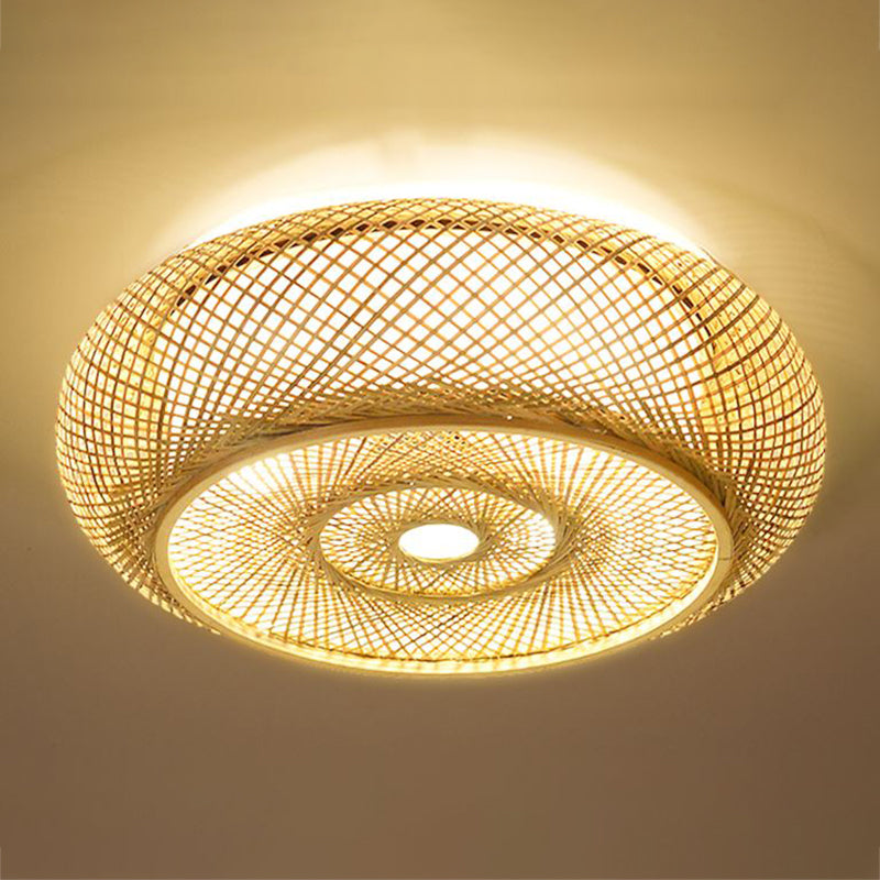 Round Shape Ceiling Lamp Asian Style Rattan 1 Light Flush Mount for Dining Room